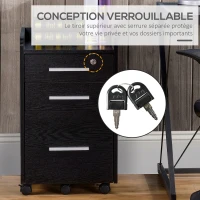 HOMCOM Caisson de bureau rangement bureau sur roulettes 3 tiroirs 1 verrouillable 1 trieur dossiers en bois noir(m-6)