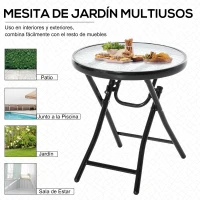 Outsunny Mesa de Vidrio Redonda Plegable Mesa de Jardín con Hebilla de Seguridad Borde Cubierto de Metal Patio Interior y Exterior Ø45x50 cm Negro(m-4)