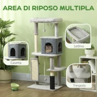 PawHut Albero per Gatti Multilivello Alto 132 cm con Casetta, Lettino, Pali Tiragraffi, Spazzola e Pallina, Grigio(m-4)