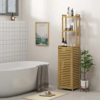 HOMCOM Meuble colonne armoire haute de salle de bain en bambou avec 3 étagères et placard 1 porte 38,5 x 33 x 170 cm naturel(m-8)