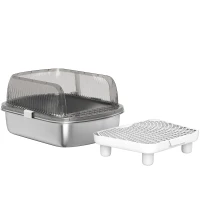 PawHut Lettiera per Gatti Coperta con Piatto in Acciaio Inox Bordi Alti Pala Pedana e Zona per la Caduta della Sabbia Grigio(m-5)