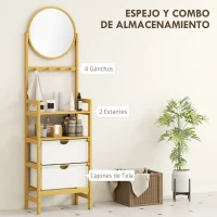 HOMCOM Estantería de Baño de Bambú con Espejo con 4 Ganchos 2 Estantes Abiertos y 2 Cajones de Tela 48,5x30x170 cm Natural(m-4)