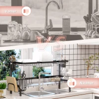 HOMCOM Abtropfgestell Geschirr, 2-stufiges Abtropfständer mit Haken, Tellerregal, Zubehör, 100 cm Stahl, Schwarz(m-7)