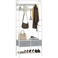 HOMCOM Móvel Cabide de Entrada com Banco Sapateira 8 Ganchos 2 Gavetas de Tecido Barra Prateleira 80x30x180,5 cm Branco e Cinza(m-10)