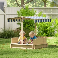 Outsunny Kids Wooden Sand Pit with Lids Children Sandbox Height Adjustable Canopy for Garden, Convertible Bench Seat Outdoor Backyard Playset, Blue and White Canopy(m-2)