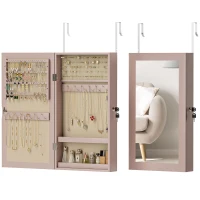 HOMCOM Espelho Joalheiro de Parede Armário para Jóias com Fechadura e Vários Compartimentos para Colares Anéis Pulseiras Rosa e Bege(m-10)