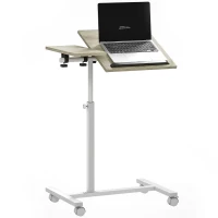 HOMCOM Mesa Auxiliar com Rodas Altura Ajustável Superfície Inclinável e Estrutura de Metal  57x40x67,5-101 cm Carvalho e Branco(m-10)