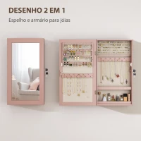 HOMCOM Espelho Joalheiro de Parede Armário para Jóias com Fechadura e Vários Compartimentos para Colares Anéis Pulseiras Rosa e Bege(m-4)