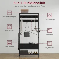 HOMCOM Kapstok met Schoenenrek in Industriële Stijl, Kledingrek met 2 Stoffen Lades, 8 Haken, Metalen Frame, Zwart(m-4)