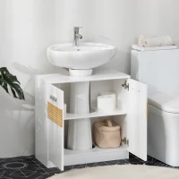 kleankin Meuble salle de bain sous lavabo - meuble sous-vasque - style cosy chic bandeau 10 bambous placard 2 portes avec étagère MDF dim. 60L x 30l x 60,5H cm blanc(m-10)