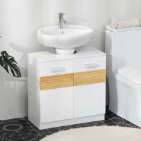 kleankin Meuble salle de bain sous lavabo - meuble sous-vasque - style cosy chic bandeau 10 bambous placard 2 portes avec étagère MDF dim. 60L x 30l x 60,5H cm blanc(m-7)