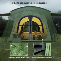 Outsunny 4 Man Tunnel Tent, Family Camping Tent with Porch, Bedroom and Living Area, Sewn in Groundsheet, 3000mm Waterproof, Portable with Bag for Hiking, Festival, Backpacking, Green(m-6)