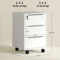 HOMCOM Bürocontainer mit 3 Schubladen Rollen Schloss und 2 Schlüssel für Studium Wohnzimmer 40x40x63,5 cm Weiß(m-3)