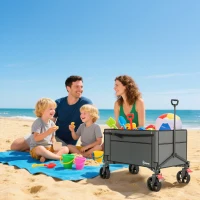 Outsunny Festival Trolley on Wheels, 150L Folding Camping Trolley Cart with Openable Sides, Adjustable Handle and Brakes for Shopping Beach Garden Fishing, Grey(m-9)