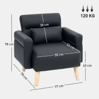 HOMCOM Poltrona Moderna Estofada em Couro Sintético com Apoios de Braço Acolchoados e Pés em Madeira 77x78x78 cm Preto(m-3)
