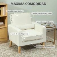 HOMCOM Butaca de Salón Tapizado en Terciopelo Sillón de Lectura con Asiento con Botones y Patas de Madera para Dormitorio Crema(m-5)