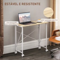 HOMCOM Secretária Dobrável com Rodas Mesa de Secretária Compacta Portátil para Espaços Pequenos 80x40x75 cm Madeira e Branco(m-6)