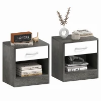 HOMCOM Set 2 Comodini Moderni con Ripiano Aperto e Cassetto, in Legno, 39x28x41 cm, Bianco e Grigio Scuro(m-1)