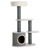 PawHut Kratzbaum mit 1 Katzenhöhle, 1 Katzenbett, 2 Plattformen, Jute-Seilspfosten, Weiß + Grau(m-10)