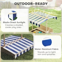 Outsunny Kids Wooden Sand Pit with Lids Children Sandbox Height Adjustable Canopy for Garden, Convertible Bench Seat Outdoor Backyard Playset, Blue and White Canopy(m-7)