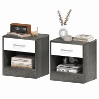 HOMCOM Set 2 Comodini Moderni con Ripiano Aperto e Cassetto, in Legno, 39x28x41 cm, Bianco e Grigio Scuro(m-10)