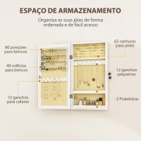 HOMCOM Espelho Joalheiro de Parede Armário para Jóias com Fechadura e Vários Compartimentos para Colares Anéis Pulseiras Branco e Creme(m-5)