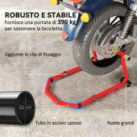 HOMCOM Cavalletto Moto Anteriore e Posteriore con Capacità 390 kg, Forcelle a U e L, Rotelle e Cuscinetti Antiscivolo, Rosso(m-5)