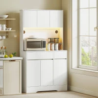 HOMCOM Buffet cuisine meuble cuisine rangement haut avec lumière LED RGB, plan de travail, 6 portes, 2 tiroirs, blanc(m-2)