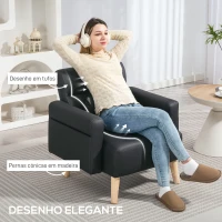 HOMCOM Poltrona Moderna Estofada em Couro Sintético com Apoios de Braço Acolchoados e Pés em Madeira 77x78x78 cm Preto(m-5)