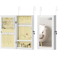 HOMCOM Espelho Joalheiro de Parede Armário para Jóias com Fechadura e Vários Compartimentos para Colares Anéis Pulseiras Branco e Creme(m-10)