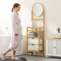 HOMCOM Estantería de Baño de Bambú con Espejo con 4 Ganchos 2 Estantes Abiertos y 2 Cajones de Tela 48,5x30x170 cm Natural(m-7)