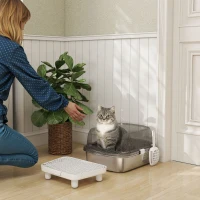 PawHut Lettiera per Gatti Coperta con Piatto in Acciaio Inox Bordi Alti Pala Pedana e Zona per la Caduta della Sabbia Grigio(m-2)