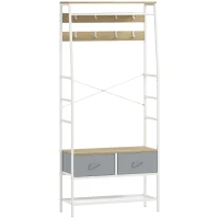 HOMCOM Móvel Cabide de Entrada com Banco Sapateira 8 Ganchos 2 Gavetas de Tecido Barra Prateleira 80x30x180,5 cm Branco e Madeira(m-1)