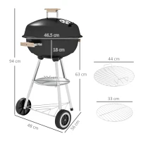 Outsunny Barbecue a Carbonella con Griglia in Acciaio, Coperchio e Prese d'Aria e Ruote, Nero(m-3)