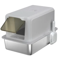 PawHut Bandeja de Arena para Gatos, Recipiente de Acero Inoxidable, Filtro, Pala, para Gatos hasta 6 kg, 40,5 x 60,5 x 41,5 cm, Gris/Plata(m-1)