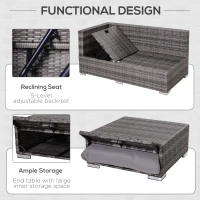 Outsunny 3 Pieces Rattan Garden Furniture Sofa Set, 4 Seater Garden Corner Sofa with 5-Level Reclining Sun Lounger and Storage Coffee Table, Outdoor Furniture Conservatory Set with Cushions, Grey(m-6)