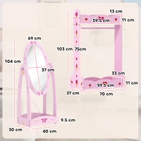 AIYAPLAY Kids Clothes Rail, Kids Dressing Mirror with 360° Rotating, 2 Piece Kids Furniture Set with Storage Shelves, Pink(m-3)