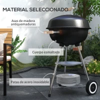 Outsunny Barbacoa de Carbón Vegetal con Ruedas Parilla de Carbón BBQ Portátil Tapa y Tazón Esmaltados Mangos de Madera 48x56x85cm para Jardín Exterior Picnic Acampada(m-6)