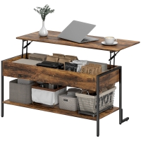 HOMCOM Table Basse Relevable avec Espace de Rangement Caché et Étagère Inférieure en Style Industriel, Marron