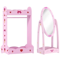 AIYAPLAY Kids Clothes Rail, Kids Dressing Mirror with 360° Rotating, 2 Piece Kids Furniture Set with Storage Shelves, Pink(m-1)
