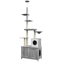PawHut 2-in-1 Floor-To-Ceiling Cat Tree with Hidden Litter Box, for Indoor Use - Grey(m-1)