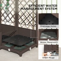 Outsunny Raised Garden Bed with Trellis, Plastic Planter Box with Drainage Holes, Drain Plugs and Water Reservoirs for Climbing Plants, Vegetables, Flowers, Brown(m-6)