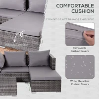Outsunny 3 Pieces Rattan Garden Furniture Sofa Set, 4 Seater Garden Corner Sofa with 5-Level Reclining Sun Lounger and Storage Coffee Table, Outdoor Furniture Conservatory Set with Cushions, Grey(m-5)