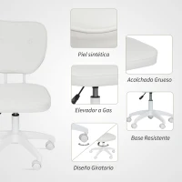 Vinsetto Silla de Oficina Giratoria Tapizada en PU con Altura Ajustable Sin Brazos Carga 120 kg 46x59x82-92 cm Blanco(m-5)