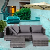 Outsunny 3 Pieces Rattan Garden Furniture Sofa Set, 4 Seater Garden Corner Sofa with 5-Level Reclining Sun Lounger and Storage Coffee Table, Outdoor Furniture Conservatory Set with Cushions, Grey(m-10)