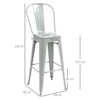 HOMCOM Juego de 4 Taburetes Altos de Cocina de Acero con Respaldo Alto y Reposapiés para Comedor 44x46x116 cm Gris Plata(m-3)