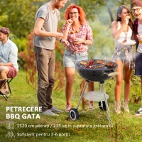 Outsunny Grătar cu Cărbuni, Grilaj Metalic, Capac, Orificii de Aerisire, Roți, Raft și Mâner, 48x56x94 cm, Negru(m-4)