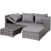 Outsunny 3 Pieces Rattan Garden Furniture Sofa Set, 4 Seater Garden Corner Sofa with 5-Level Reclining Sun Lounger and Storage Coffee Table, Outdoor Furniture Conservatory Set with Cushions, Grey(m-1)