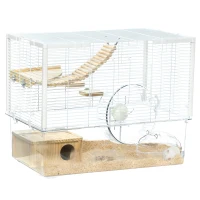 PawHut Hamster Cage, Gerbil Cage with Wooden Ramp, Exercise Wheel, Food Bowl - White(m-1)