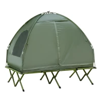 Outsunny Cama Doble de Camping Plegable con Tienda de Campaña 4 en 1 Cama de Campamento Elevada con Colchón Hinchable y Bolsa de Transporte Tela Oxford Acero 193x145x180 cm Verde(m-14)